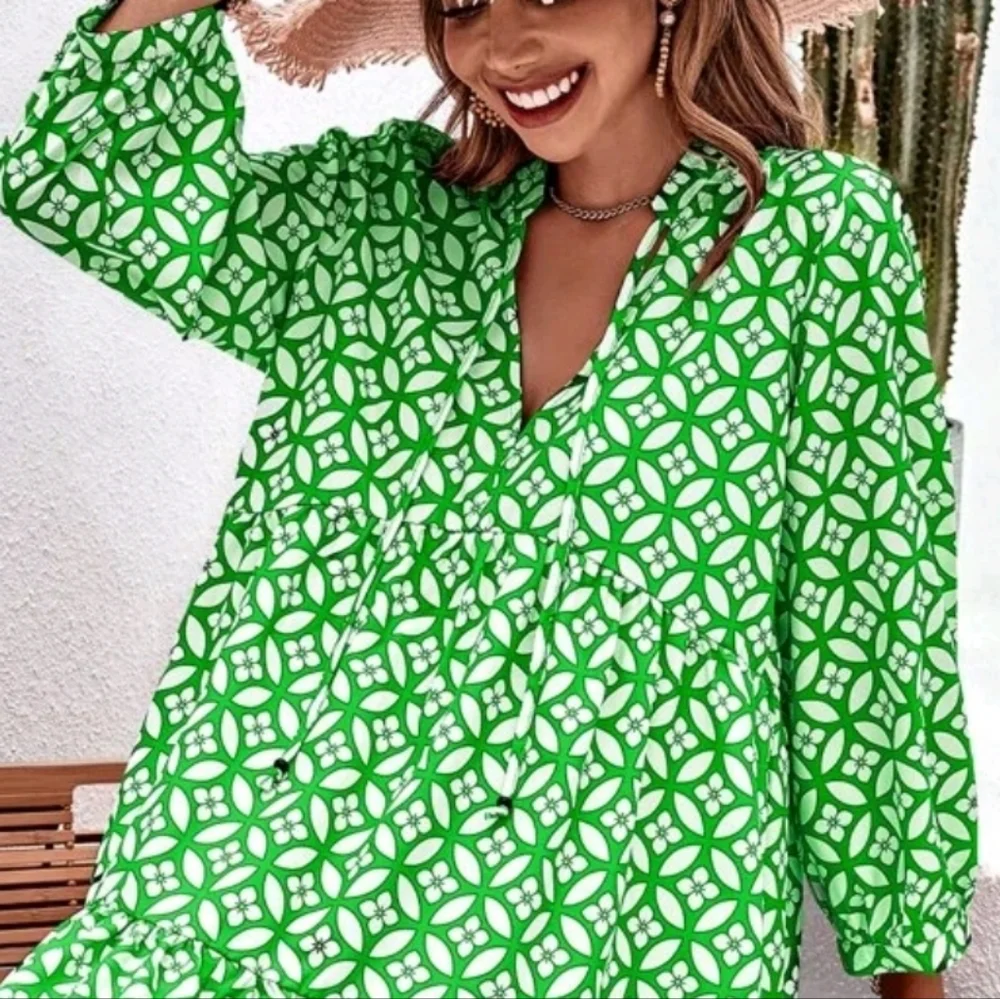New Preppy Floral Smock Babydoll Ruffle Dress Green White - Picture 5 of 8